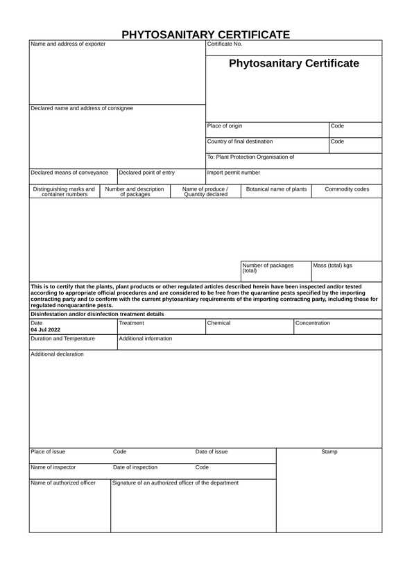 Phytosanitary certificate template